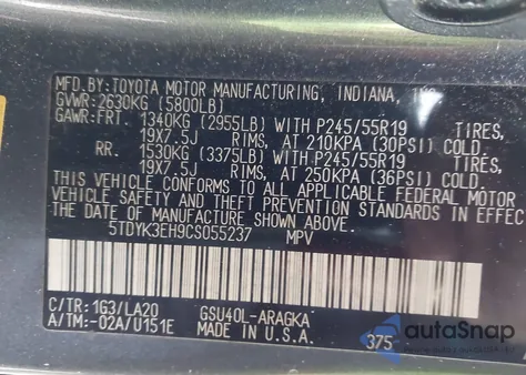 2012 Toyota Highlander Limited V6 z USA, uszkodzony, nr VIN 5TDYK3EH9CS055237